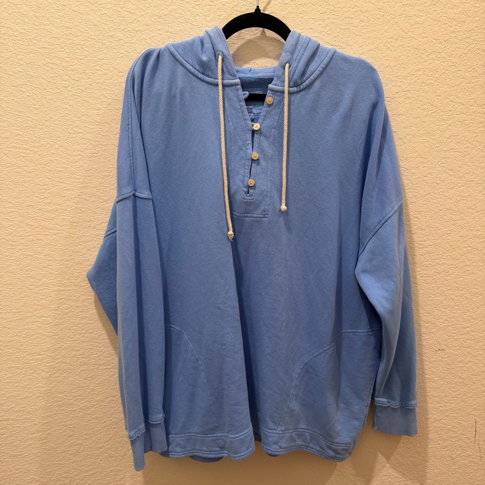 Aerie Womens XL Henley Hoodie Blue Oversized French Terry Button Sweatshirt